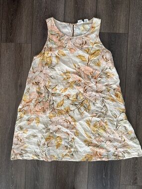 Nicole Miller Floral Linen Mini Dress - Cream and Pink 100% Linen